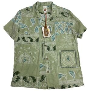 C&C California Mens Linen Shirt Paisley Button Down Short Sleeve Coastal Green M